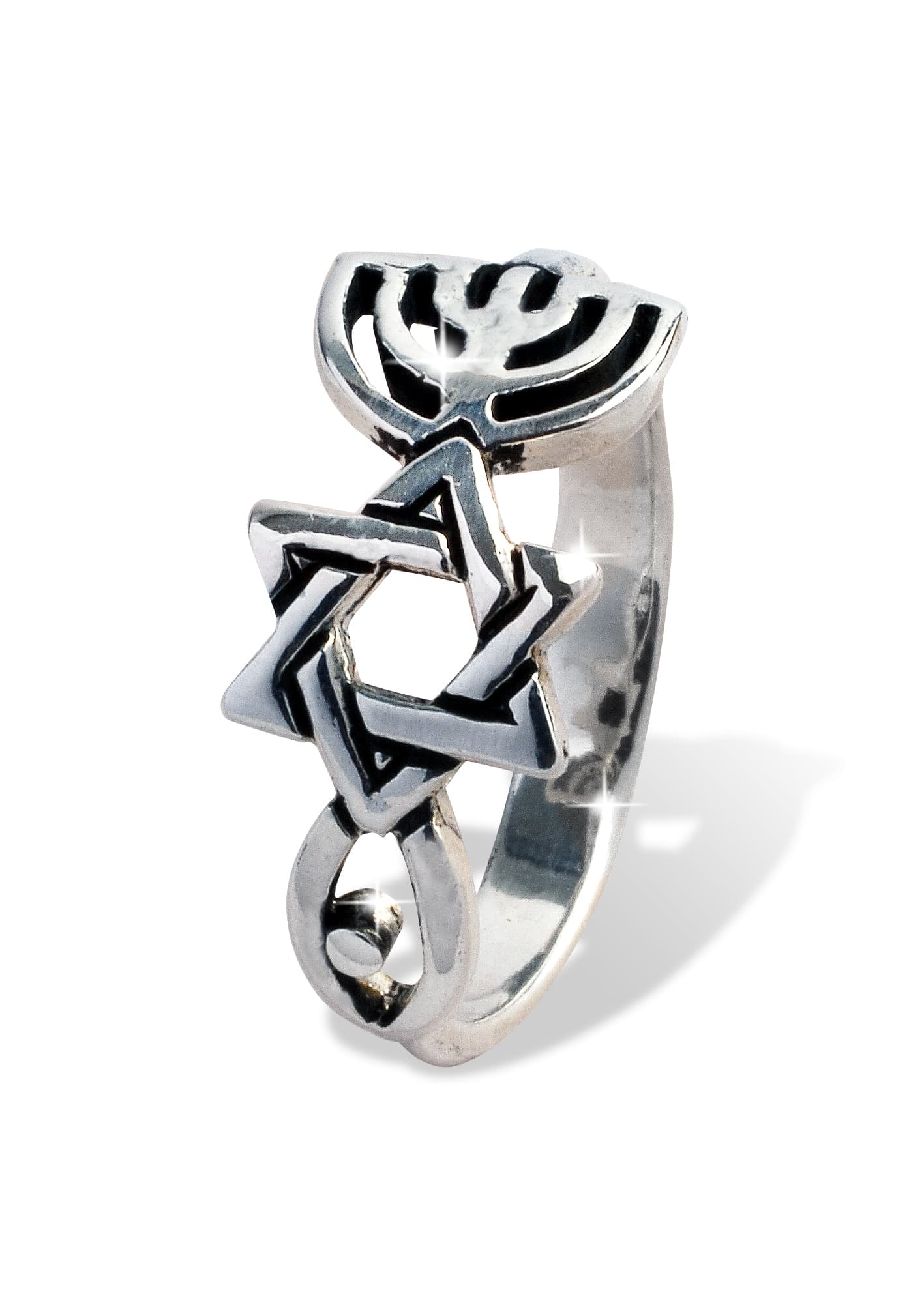 Zilveren ring menora-davidster-ichtus
